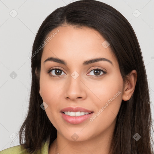 Joyful white young-adult female with long  brown hair and brown eyes