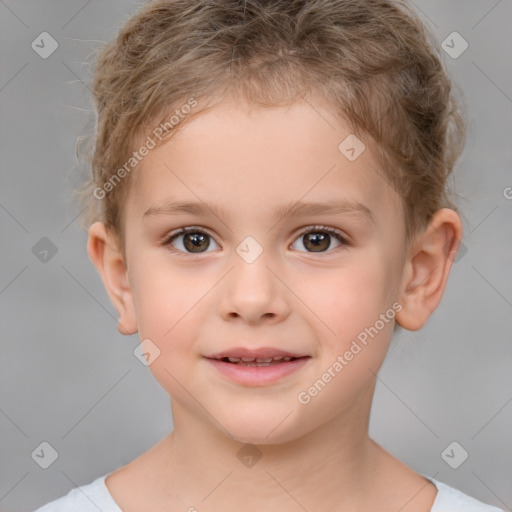 Joyful white child female with short  brown hair and brown eyes