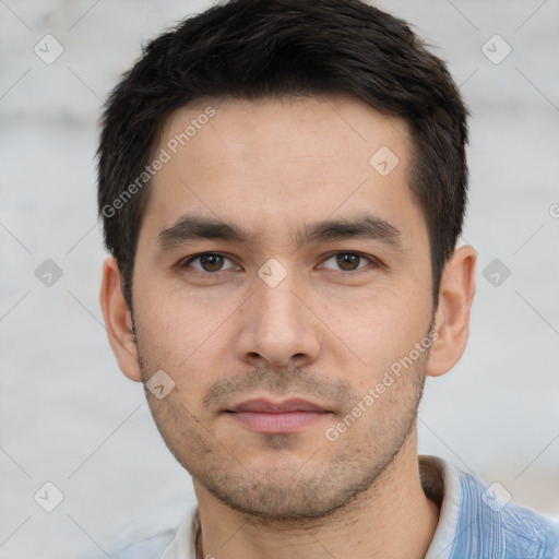 Neutral white young-adult male with short  black hair and brown eyes