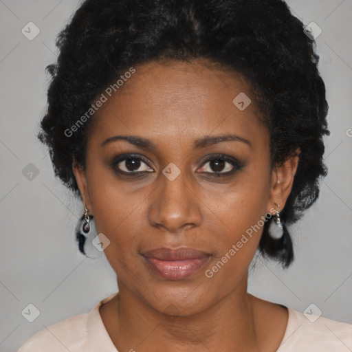 Neutral black adult female with short  black hair and brown eyes