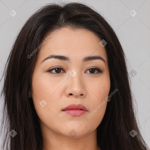 Neutral asian young-adult female with long  brown hair and brown eyes