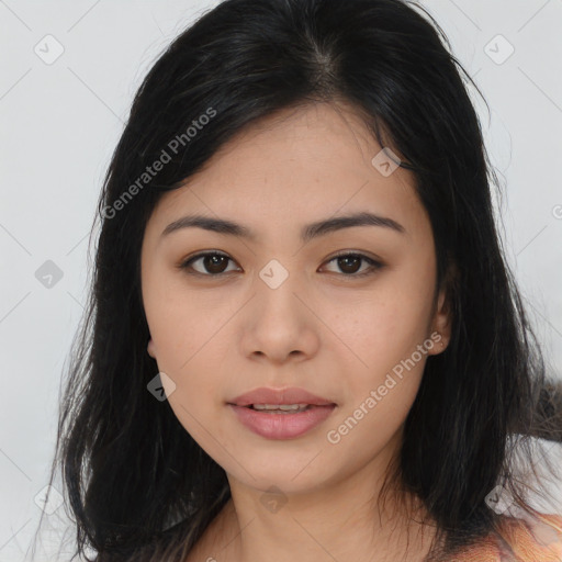 Neutral asian young-adult female with medium  black hair and brown eyes