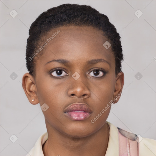 Neutral black young-adult female with short  brown hair and brown eyes