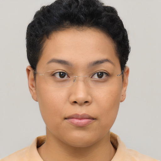 Neutral asian young-adult female with short  brown hair and brown eyes