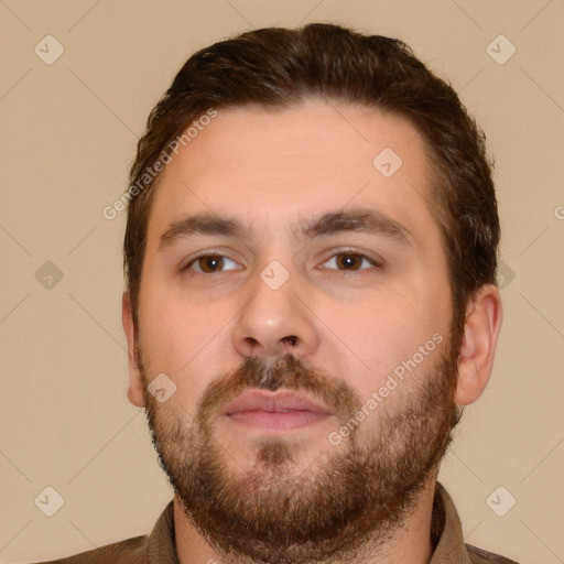 Neutral white young-adult male with short  brown hair and brown eyes