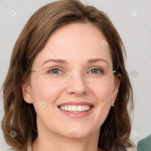 Joyful white young-adult female with medium  brown hair and green eyes