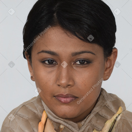 Neutral asian young-adult female with short  brown hair and brown eyes