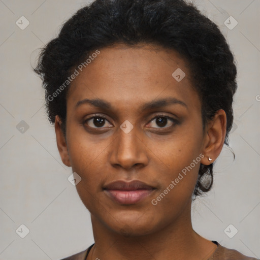 Neutral black young-adult female with short  black hair and brown eyes