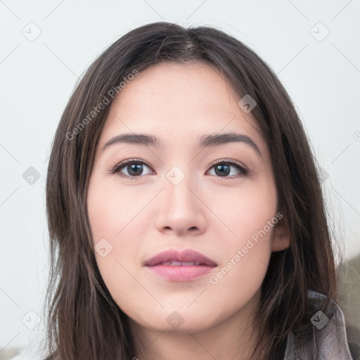 Neutral white young-adult female with long  brown hair and brown eyes