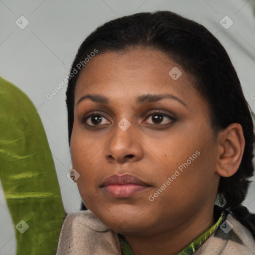 Neutral black young-adult female with short  black hair and brown eyes