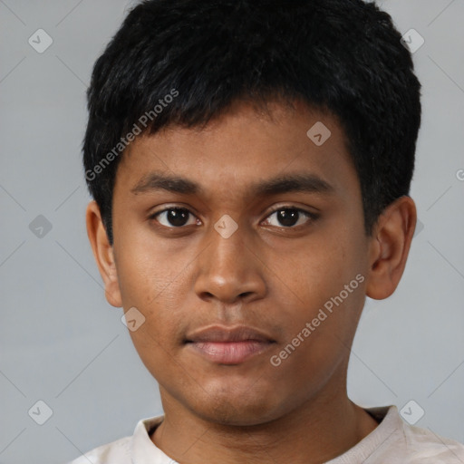 Neutral latino young-adult male with short  brown hair and brown eyes