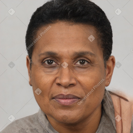 Joyful black adult male with short  brown hair and brown eyes