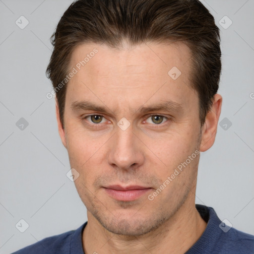 Neutral white adult male with short  brown hair and brown eyes