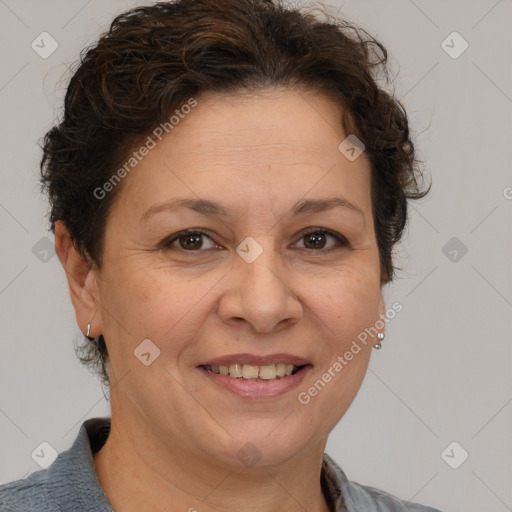 Joyful white adult female with short  brown hair and brown eyes