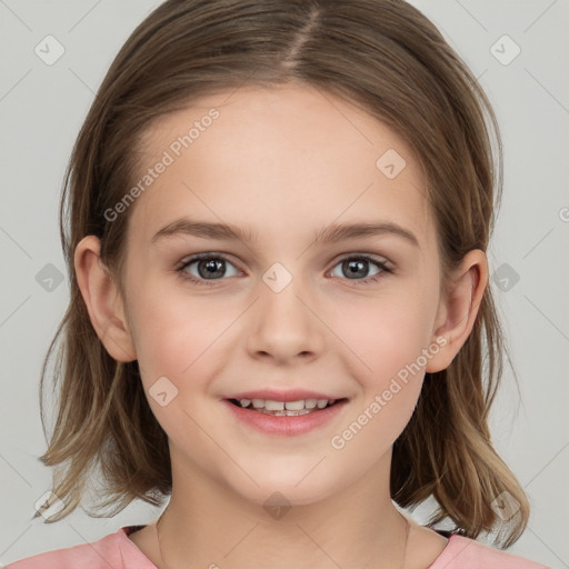 Joyful white child female with medium  brown hair and brown eyes