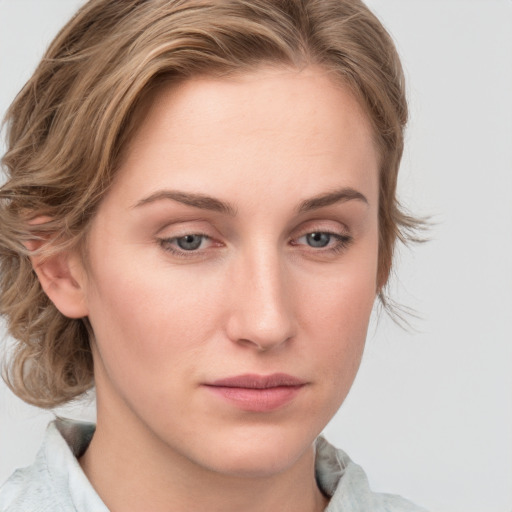 Neutral white young-adult female with medium  brown hair and blue eyes