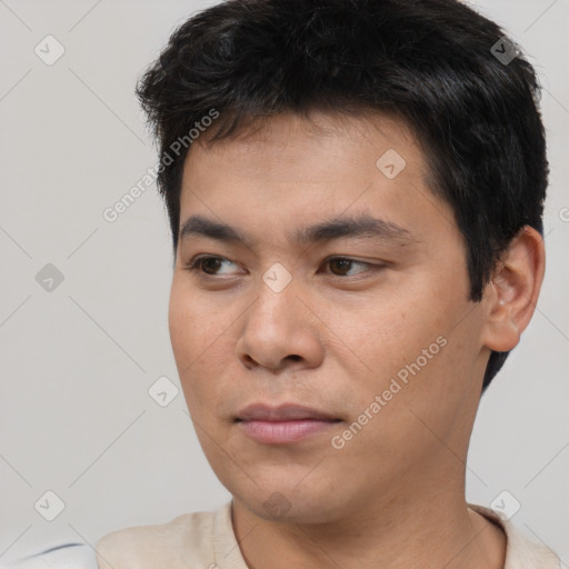 Neutral asian young-adult male with short  black hair and brown eyes