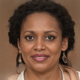 Joyful black adult female with long  brown hair and brown eyes