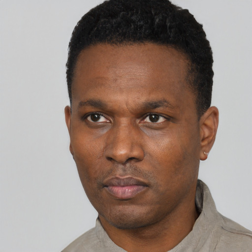Neutral black adult male with short  black hair and brown eyes