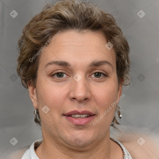 Joyful white adult female with short  brown hair and brown eyes