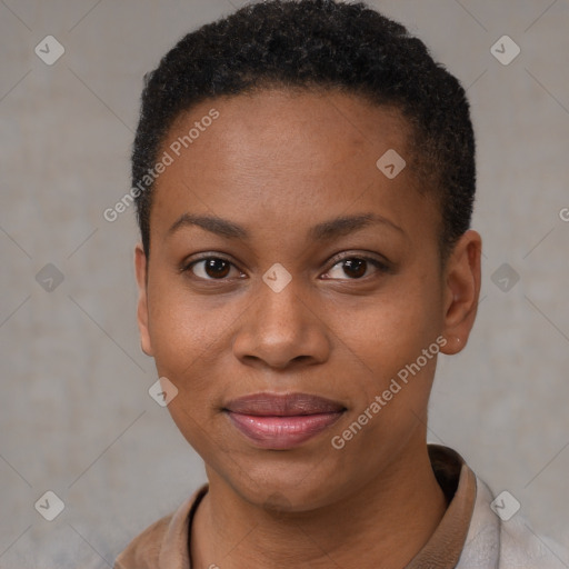 Joyful black young-adult female with short  brown hair and brown eyes