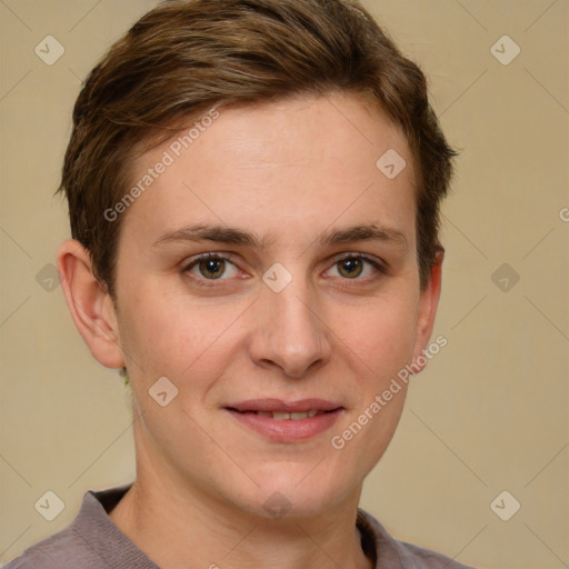 Joyful white young-adult female with short  brown hair and grey eyes