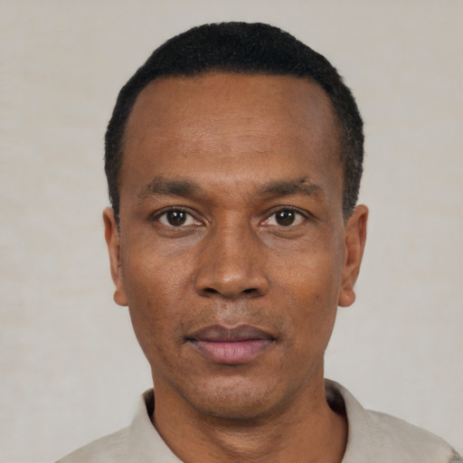 Neutral black adult male with short  black hair and brown eyes