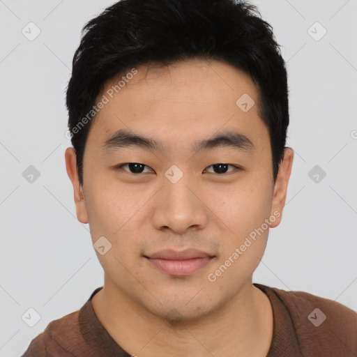 Neutral asian young-adult male with short  black hair and brown eyes