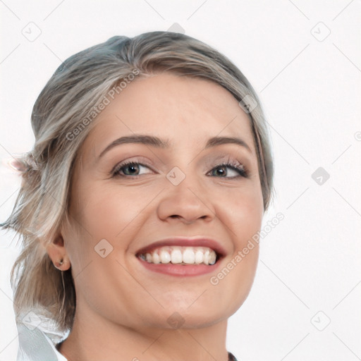 Joyful white young-adult female with medium  brown hair and blue eyes