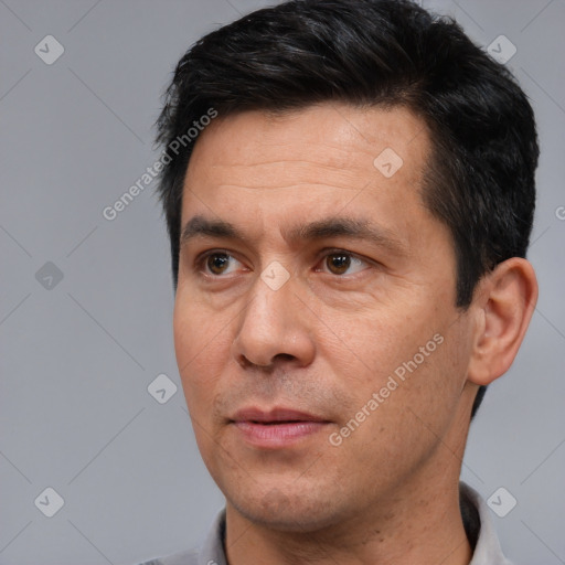 Neutral white adult male with short  black hair and brown eyes