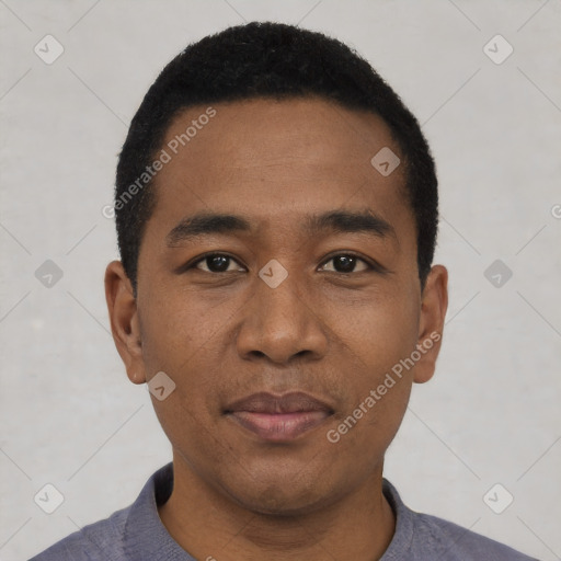 Neutral black young-adult male with short  black hair and brown eyes