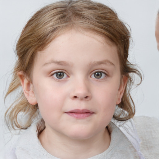 Neutral white child female with medium  brown hair and blue eyes