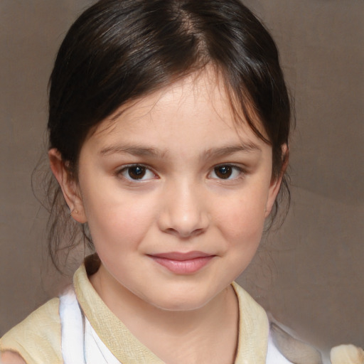 Joyful white child female with medium  brown hair and brown eyes