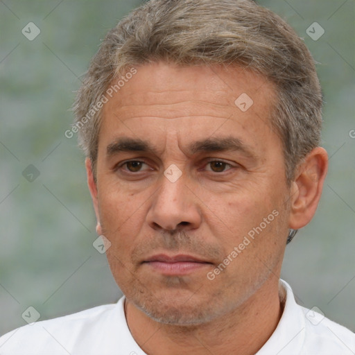 Neutral white adult male with short  brown hair and brown eyes