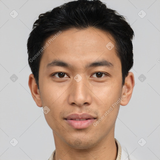 Neutral asian young-adult male with short  black hair and brown eyes