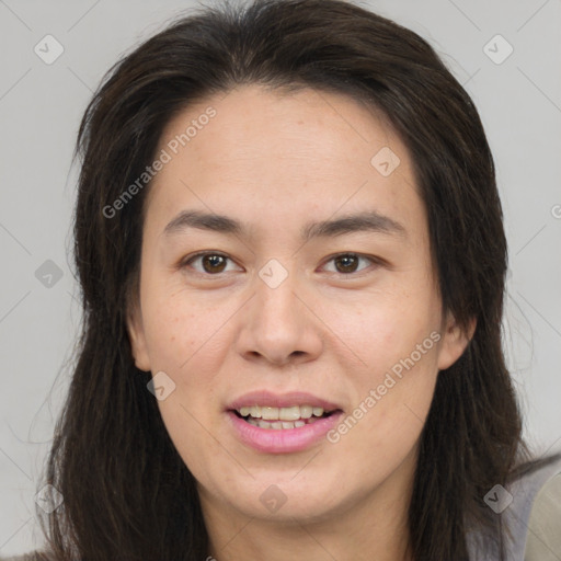 Joyful white young-adult female with long  brown hair and brown eyes