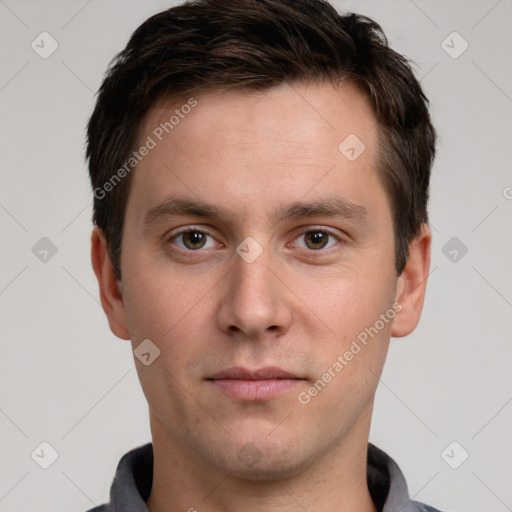 Neutral white young-adult male with short  brown hair and grey eyes