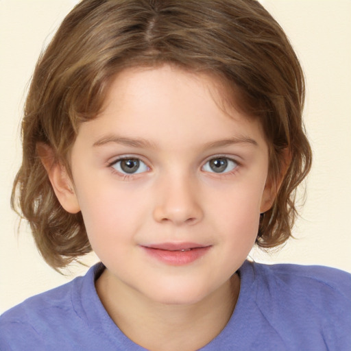 Joyful white child female with medium  brown hair and brown eyes