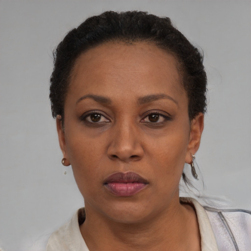Neutral black adult female with short  black hair and brown eyes