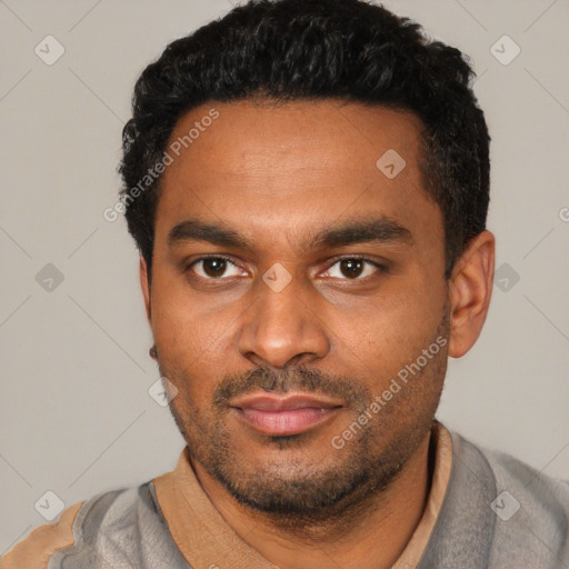 Neutral latino young-adult male with short  black hair and brown eyes