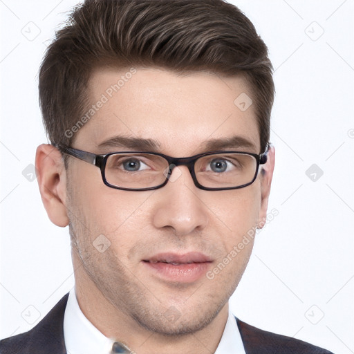 Neutral white young-adult male with short  brown hair and grey eyes