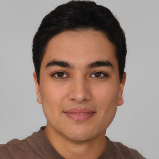 Neutral asian young-adult male with short  brown hair and brown eyes