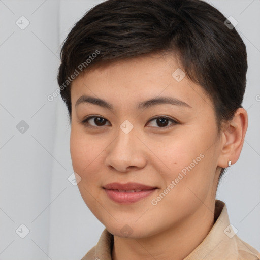 Joyful white young-adult female with short  brown hair and brown eyes