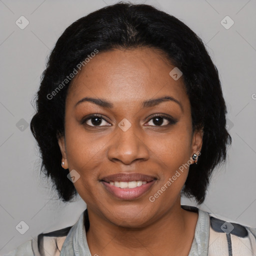 Joyful black young-adult female with medium  black hair and brown eyes