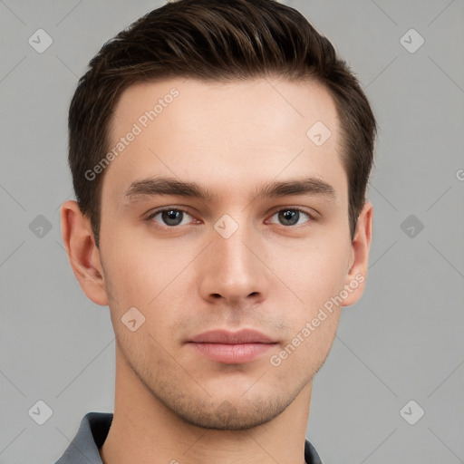 Neutral white young-adult male with short  brown hair and grey eyes