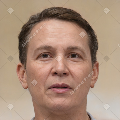 Neutral white adult male with short  brown hair and brown eyes