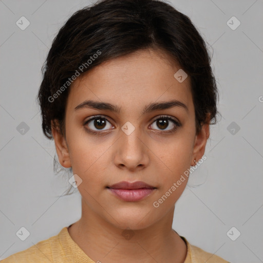 Neutral white young-adult female with medium  brown hair and brown eyes