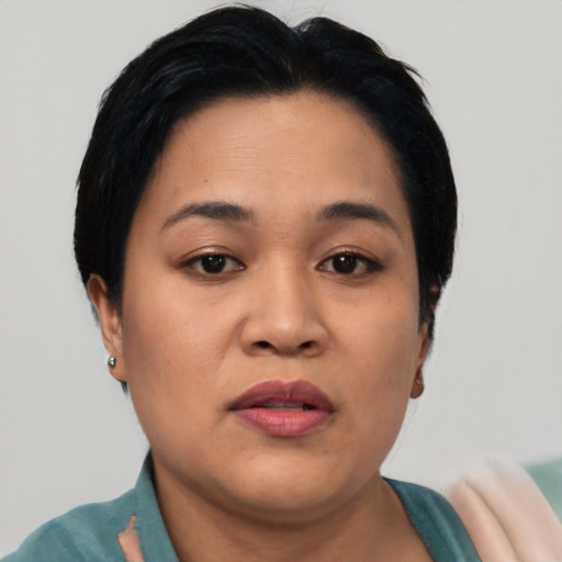 Joyful asian young-adult female with short  black hair and brown eyes