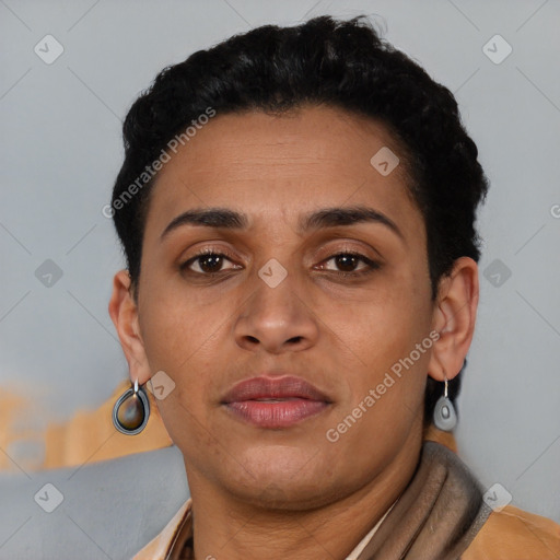 Neutral latino young-adult female with short  brown hair and brown eyes