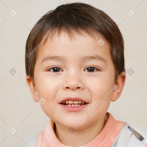 Joyful white child male with short  brown hair and brown eyes